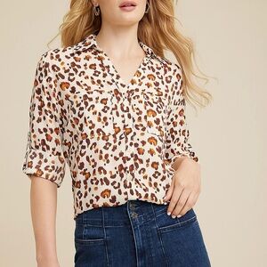Maurices Women’s Winona Cheetah Print Blouse Button Down Roll Tab Sleeves Fall L